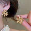 Elegant Metal Flower Faux Pearl Stud Earrings For Women, Silver Needle Trendy Floral Jewelry view 4