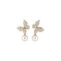 18K Gold Plated Silver Needle Zircon Butterfly Faux Pearl Stud Earrings Vintage Light Luxury view 5