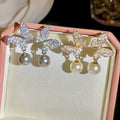 18K Gold Plated Silver Needle Zircon Butterfly Faux Pearl Stud Earrings Vintage Light Luxury view 1