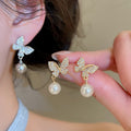 18K Gold Plated Silver Needle Zircon Butterfly Faux Pearl Stud Earrings Vintage Light Luxury view 2