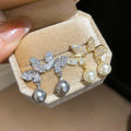 18K Gold Plated Silver Needle Zircon Butterfly Faux Pearl Stud Earrings Vintage Light Luxury view 3