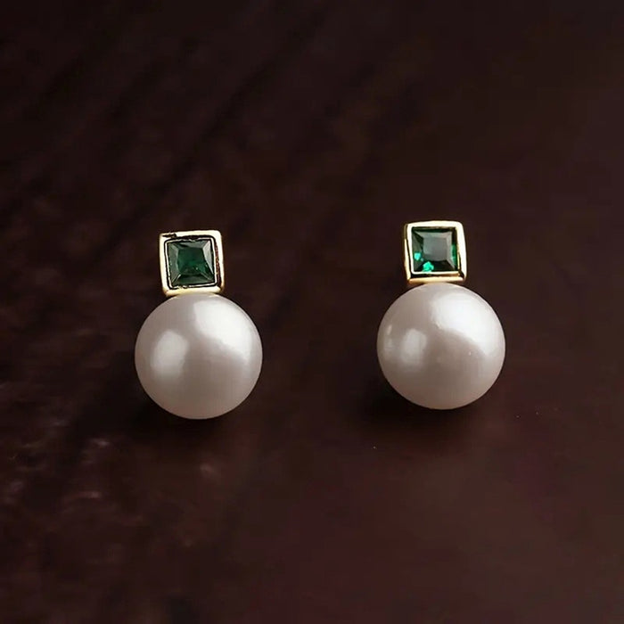 Square Minimalist Stud Earrings For Women, Green Crystal And Faux Pearl Fashion Jewelry