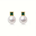 Square Minimalist Stud Earrings For Women, Green Crystal And Faux Pearl Fashion Jewelry view 5