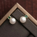 Square Minimalist Stud Earrings For Women, Green Crystal And Faux Pearl Fashion Jewelry view 2
