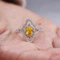 Silver-Tone Ornate Crystal Ring With Green or Yellow Center view 3