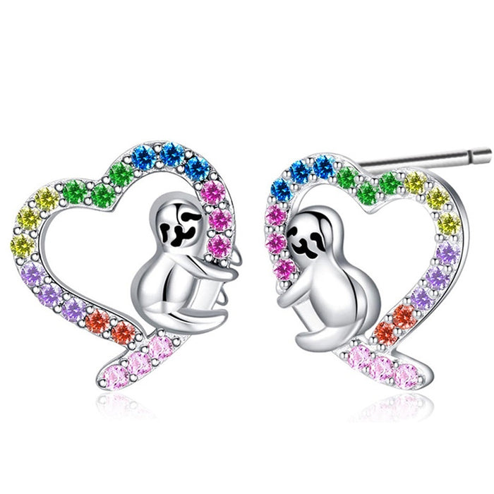 Colorful Heart Stud Earrings For Women With Hollow Cute Sloth Design, Dopamine Jewelry