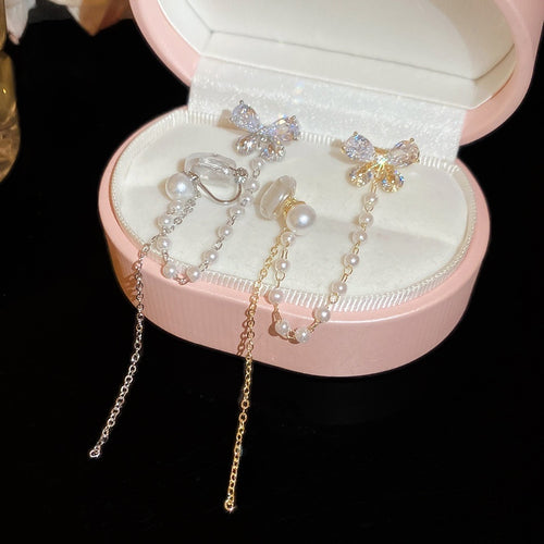 Gold Plated Zircon Butterfly Faux Pearl Clip-on Earrings Korean Light Luxury Ear Cuffs