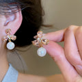 18K Gold Plated Silver Pin Zircon Flower Faux Pearl Drop Earrings Light Luxury view 2