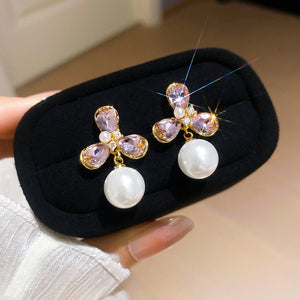 18K Gold Plated Silver Pin Zircon Flower Faux Pearl Drop Earrings Light Luxury