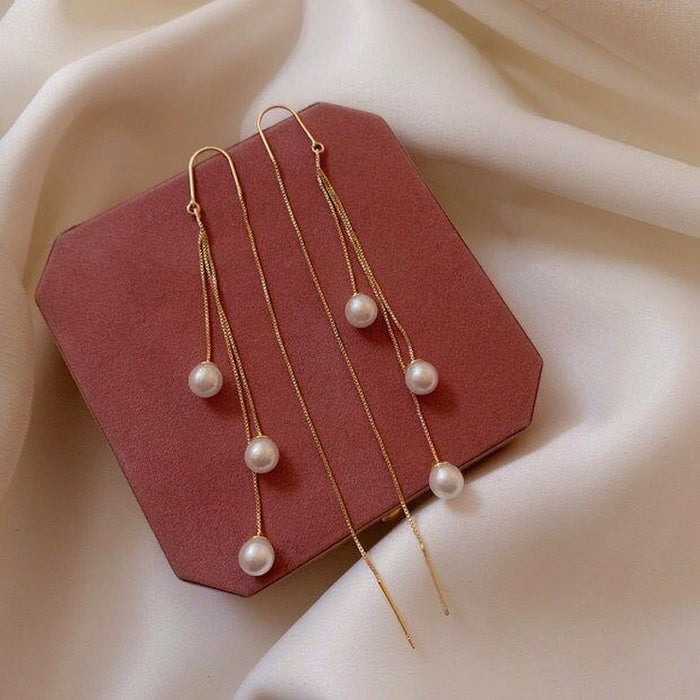 18K Gold Plated Faux Pearl Threader Earrings With Sterling Silver Pins, French Vintage Tassel Design