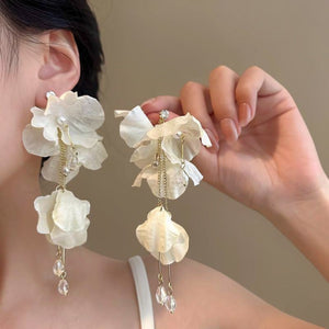 Artificial Crystal Floral Tassel Drop Earrings Vacation Style Statement Silver Needle Jewelry