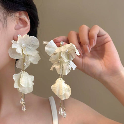 Artificial Crystal Floral Tassel Drop Earrings Vacation Style Statement Silver Needle Jewelry