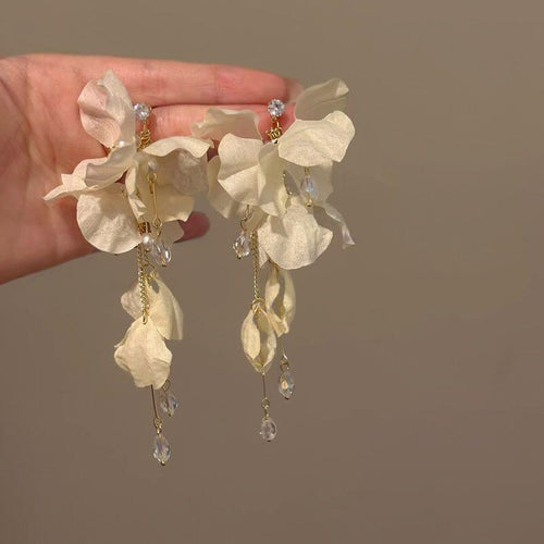 Artificial Crystal Floral Tassel Drop Earrings Vacation Style Statement Silver Needle Jewelry
