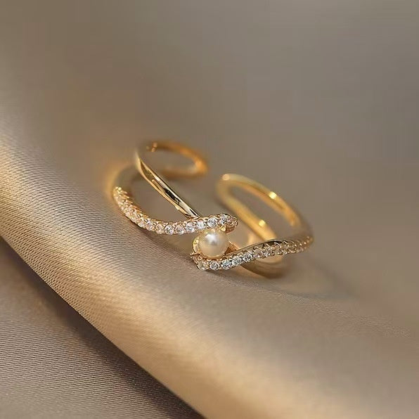 14K Gold Plated Copper Zirconia Cross Pearl Open Ring Minimalist Luxury Geometric Jewelry