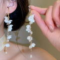 Playful Fabric Flower Tassel Faux Pearl Drop Earrings Summer Island Vacation Jewelry view 1