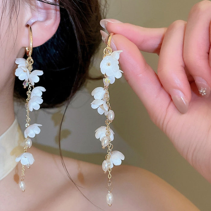 Playful Fabric Flower Tassel Faux Pearl Drop Earrings Summer Island Vacation Jewelry