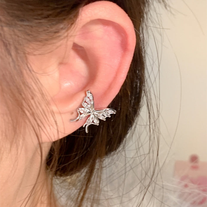 Elegant Korean Style Sparkling Zircon Butterfly Copper Clip-on Earrings For Women