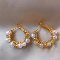 14K Gold Plated Silver Needle Zircon Faux Pearl Geometric French Chic Hoop Earrings view 2