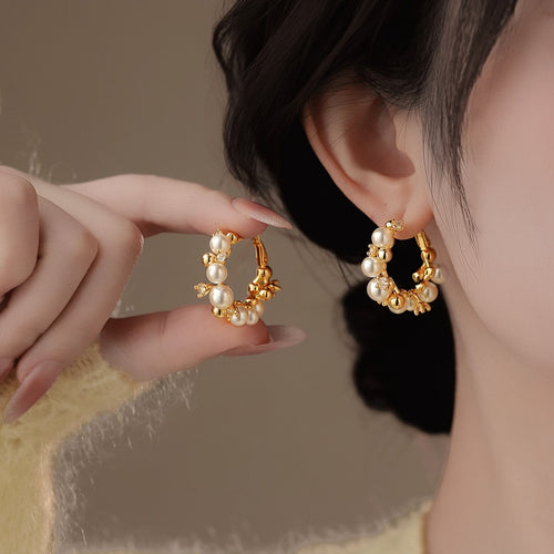 14K Gold Plated Silver Needle Zircon Faux Pearl Geometric French Chic Hoop Earrings