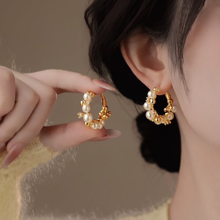 14K Gold Plated Silver Needle Zircon Faux Pearl Geometric French Chic Hoop Earrings