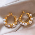 14K Gold Plated Silver Needle Zircon Faux Pearl Geometric French Chic Hoop Earrings view 4