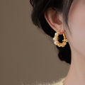 14K Gold Plated Silver Needle Zircon Faux Pearl Geometric French Chic Hoop Earrings view 3