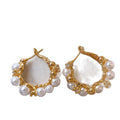 14K Gold Plated Silver Needle Zircon Faux Pearl Geometric French Chic Hoop Earrings view 5