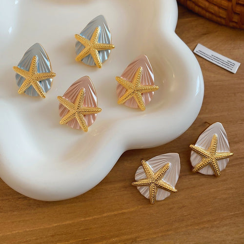 Shell Starfish Stud Earrings With Silver Needle Enamel Geometric Beach Vacation Niche Style
