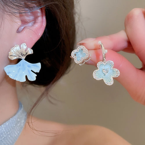 Korean Elegant Ginkgo Leaf Faux Pearl Zircon Flower Stud Earrings For Women