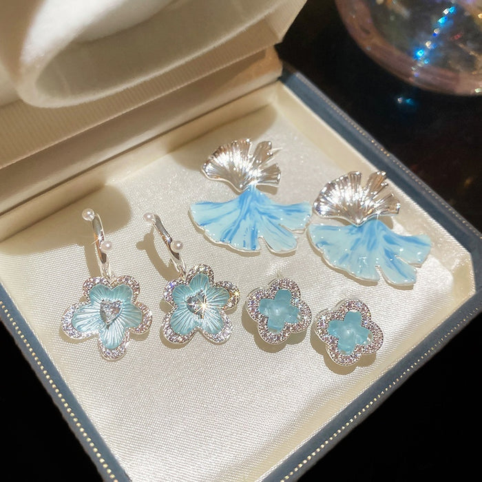 Korean Elegant Ginkgo Leaf Faux Pearl Zircon Flower Stud Earrings For Women