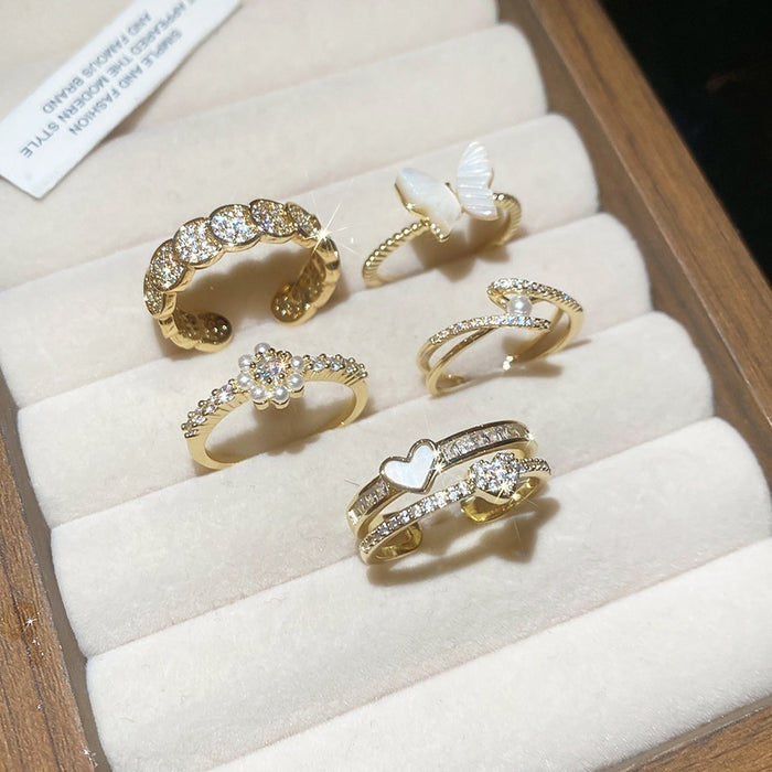 14K Gold Plated Zircon Flower Pearl Open Ring For Women