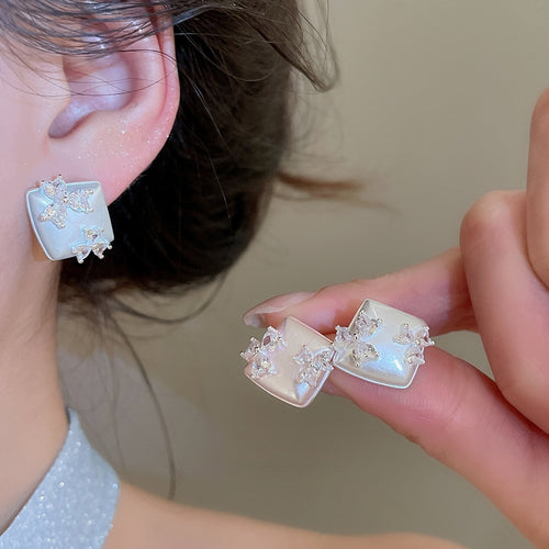 Copper Zircon Flower Square Stud Earrings For Women Sweet Elegant Minimalist Luxury Style
