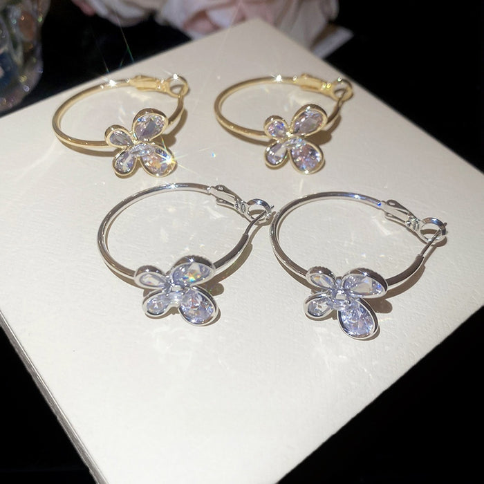 Light Luxury 18K Gold Plated Copper Butterfly Zircon Hoop Earrings With Silver Posts