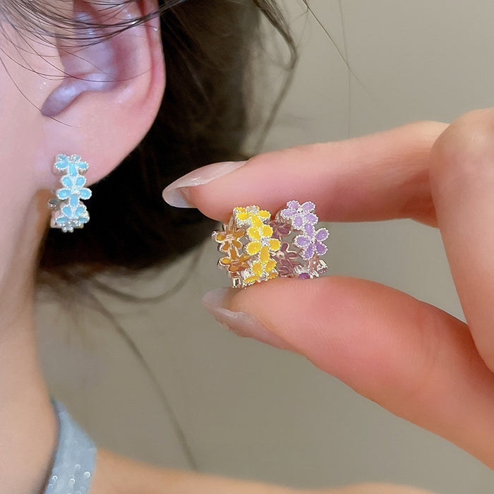 Sweet Floral Copper Zircon Drip Oil Round Ear Cuff Earrings For Women