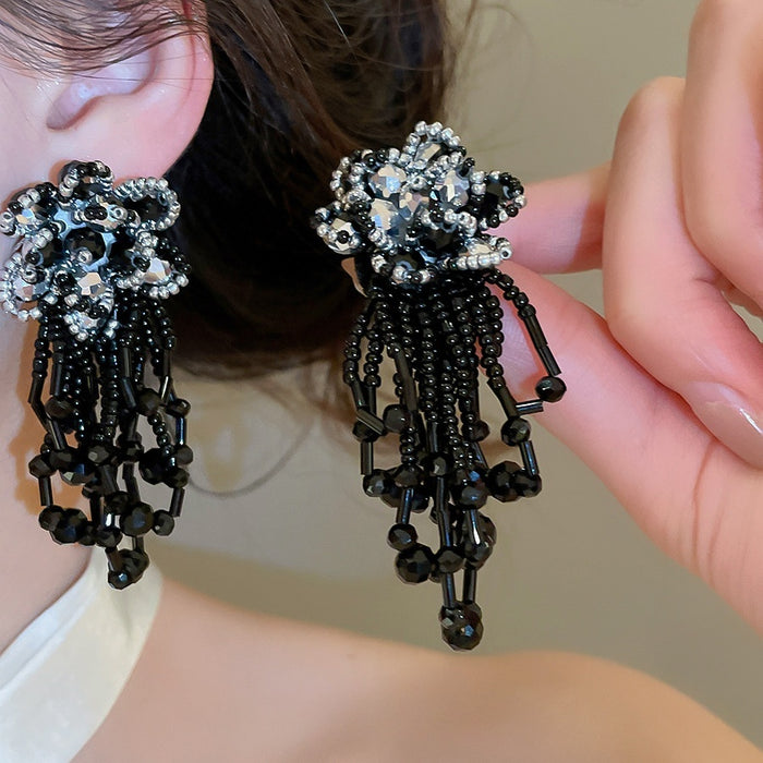 Dark Style Artificial Crystal Flower Tassel Drop Earrings With Silver Needle