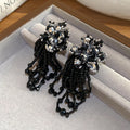 Dark Style Artificial Crystal Flower Tassel Drop Earrings With Silver Needle view 2
