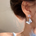Blue Zircon Butterfly Stud Earrings With Copper Body And Silver Posts, Korean Light Luxury Niche Style view 2