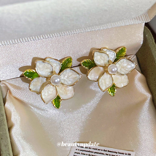 18K Gold Plated Faux Pearl Gardenia Flower Stud Earrings With Silver Posts