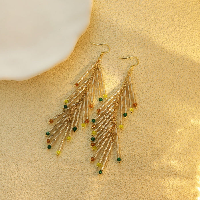 Elegant Alloy Twisted Tube Long Tassel Drop With Colorful Crystal Beads For Women Luxury Earrings