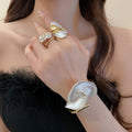 Two Tone Alloy Calla Lily Flower Open Bangle With 3D Layered Metal Floral Design view 2