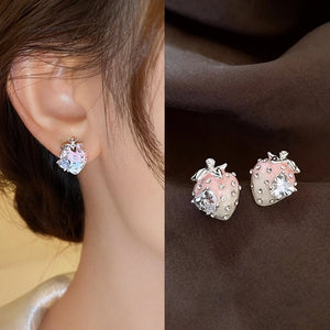 Cute Pink Strawberry Copper Stud Earrings For Women Sweet Fruit Design Trendy 2026 Jewelry
