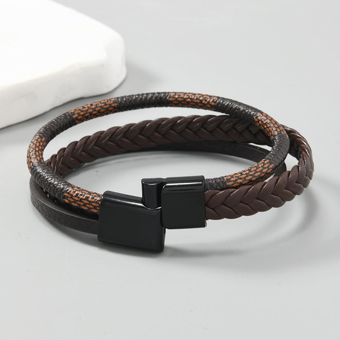 European American Vintage Men's Braided PU Leather Bracelet, Multilayer Magnetic Clasp Unisex Wristband