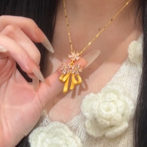24K Gold Plated Copper Zircon Flower Bow Necklace Vintage Elegant Light Luxury Clavicle Chain
