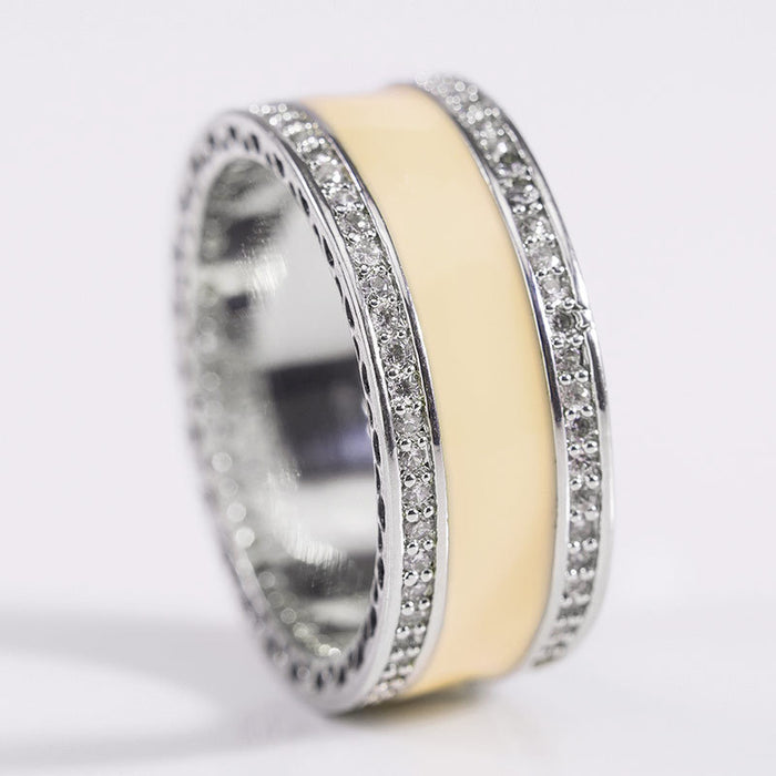 Two Tone Stripe Crystal Wide Band Ring With Clear Stone Accents
