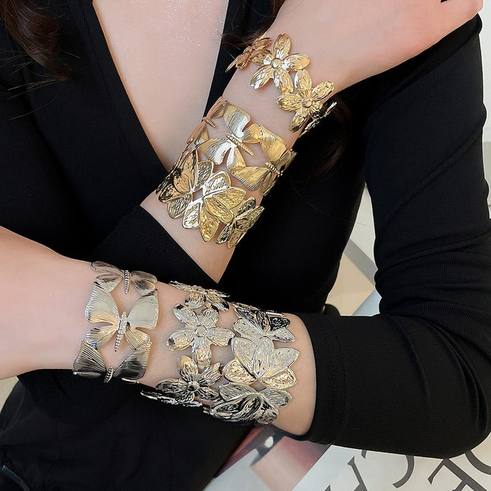 Iron Textured Geometric Flower Butterfly Open Bangle, Minimalist European American Fashion Jewelry