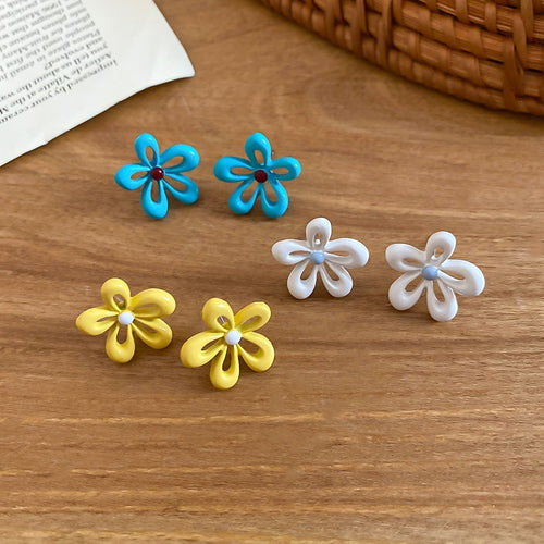 Dopamine Color Alloy Silver Needle Enamel Hollow Flower Stud Earrings For Women