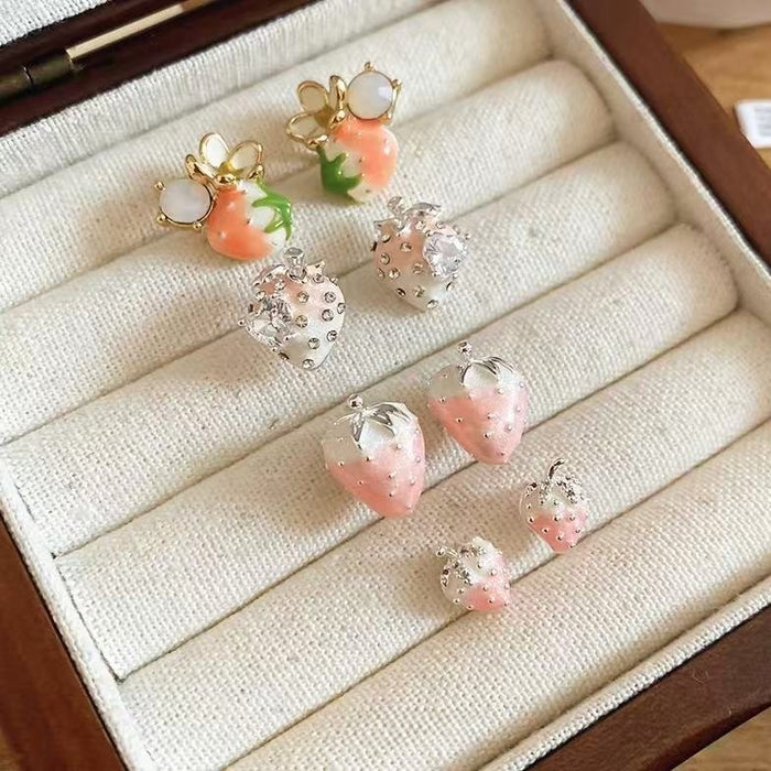 Korean Sweet Strawberry Zircon Copper Stud Earrings With Silver Pins Forest Style Fruit Jewelry