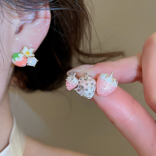 Korean Sweet Strawberry Zircon Copper Stud Earrings With Silver Pins Forest Style Fruit Jewelry