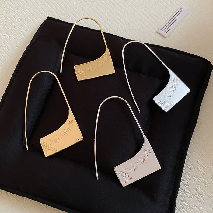 18K Gold Plated Copper Geometric Square Drop Hook Earrings, Smooth Printed Statement Design