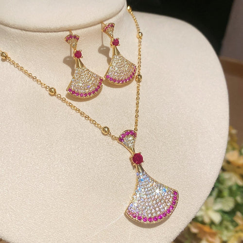 18K Gold Plated Copper Zircon Fan Stud Earrings Necklace Jewelry Set, Minimalist Luxury Style